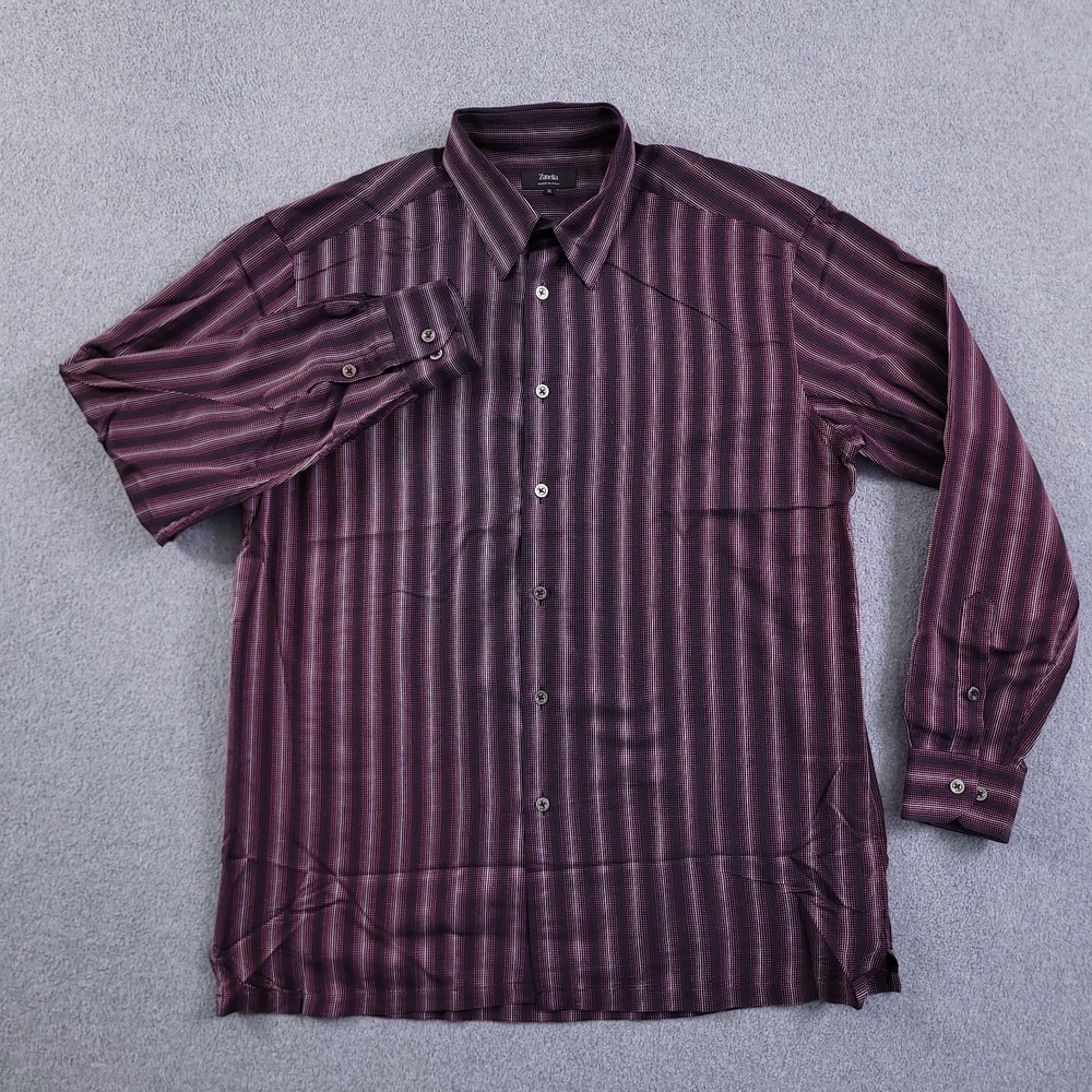 Zanella Shirt Mens XL Black Purple Stripe Modern Point Button Up Italy Made